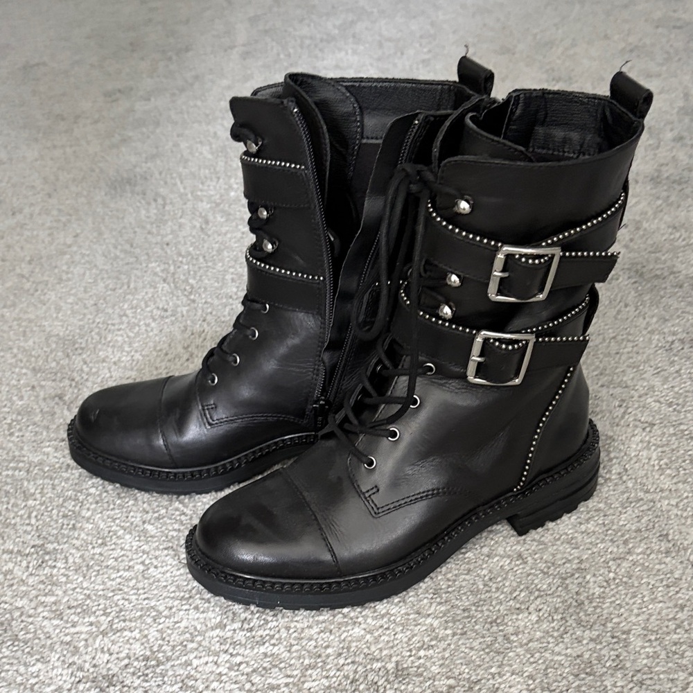 Free People Black Moto Boots with Silver Accents